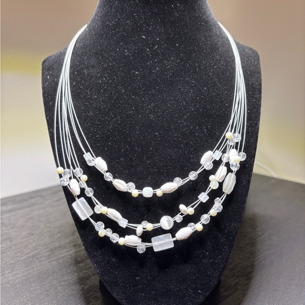 Elegant Multi-Strand White Clear Bead Necklace